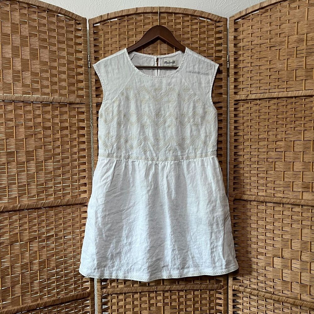 Madewell White Linen Embroidered Lined Sandwave Boho Sleeveless Dress Size Small - Picture 2 of 12